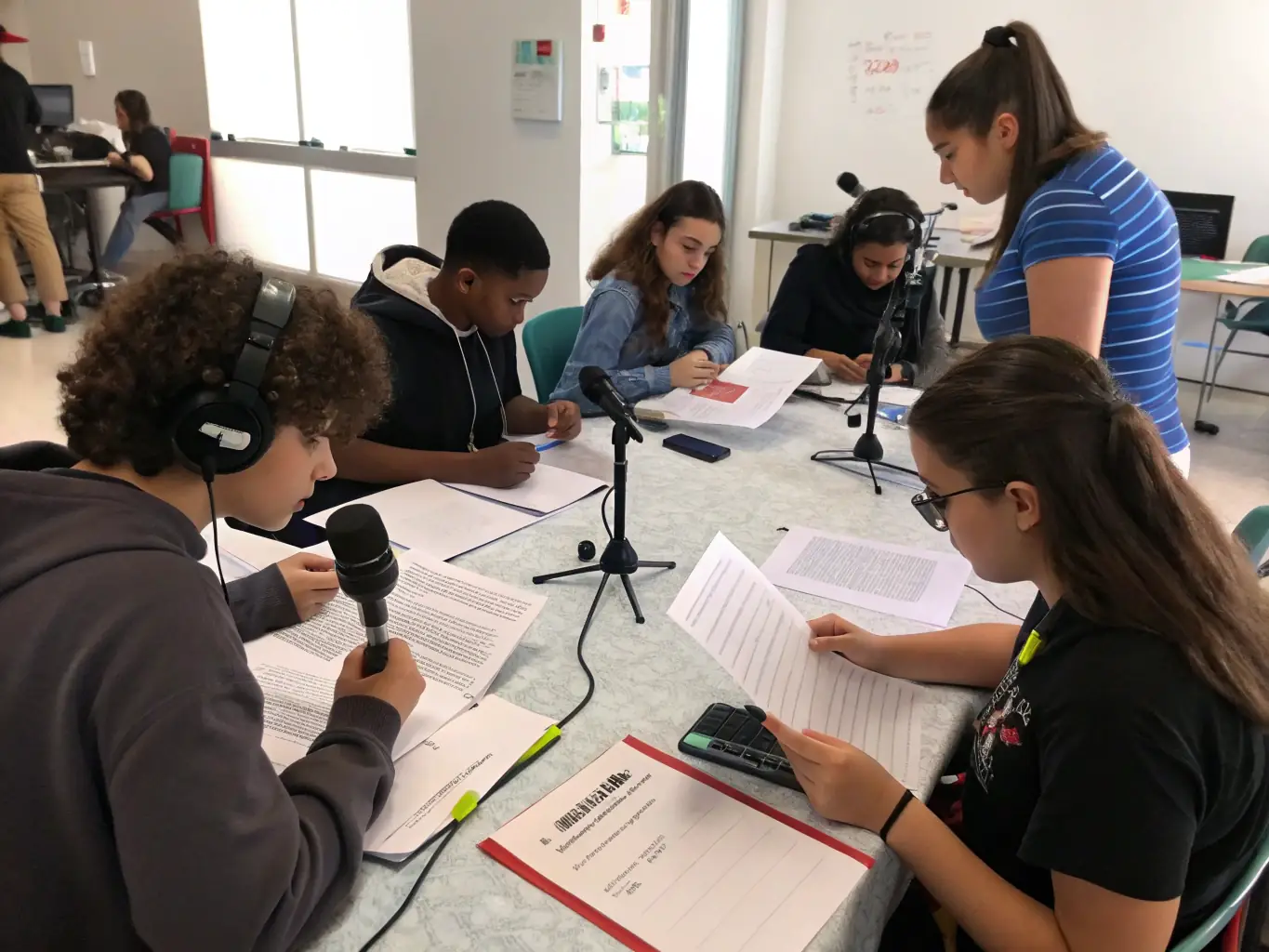 A group of students participating in a film workshop organized by APC ASSOCIATION POUR LE CINEMA, learning about filmmaking techniques and storytelling.
