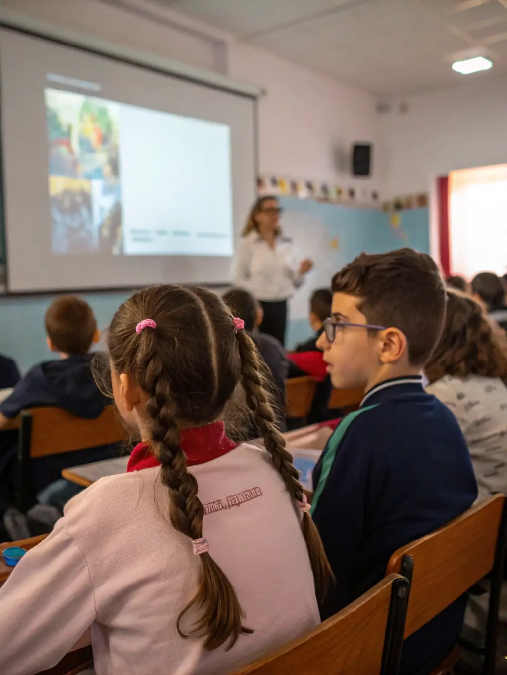 A vibrant image capturing a scene from a collaborative event between APC and a local school, featuring children watching a classic film and participating in a post-screening discussion.