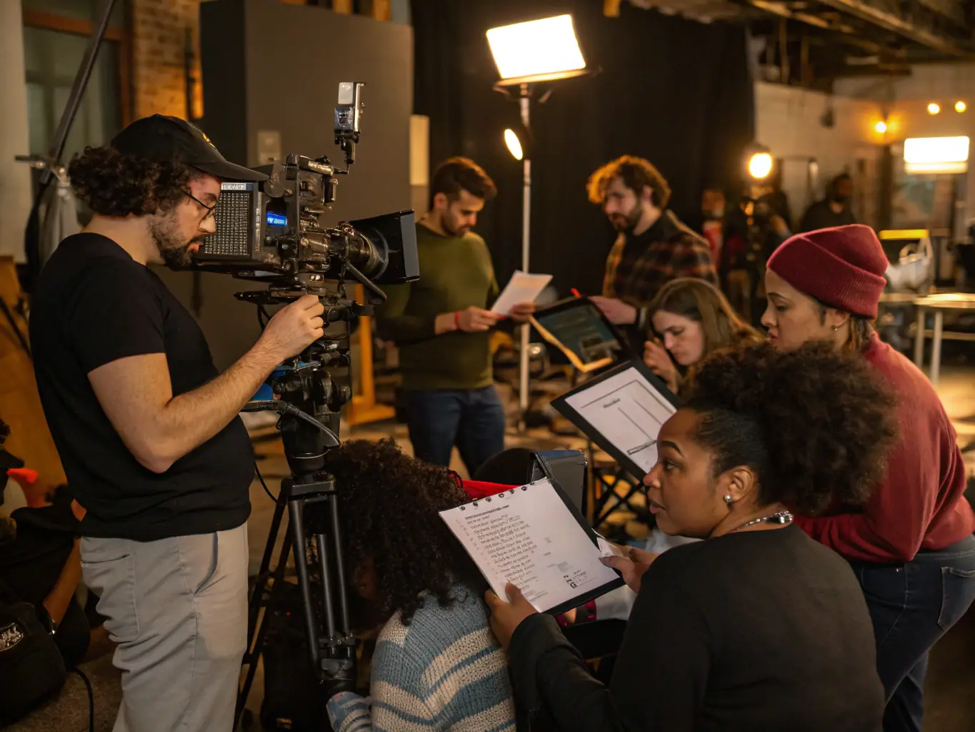 A photograph capturing a workshop session where participants are learning about filmmaking techniques from a professional instructor.